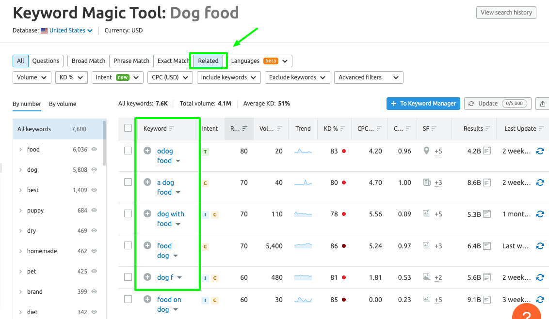 Keyword Magic Tool results for dog food